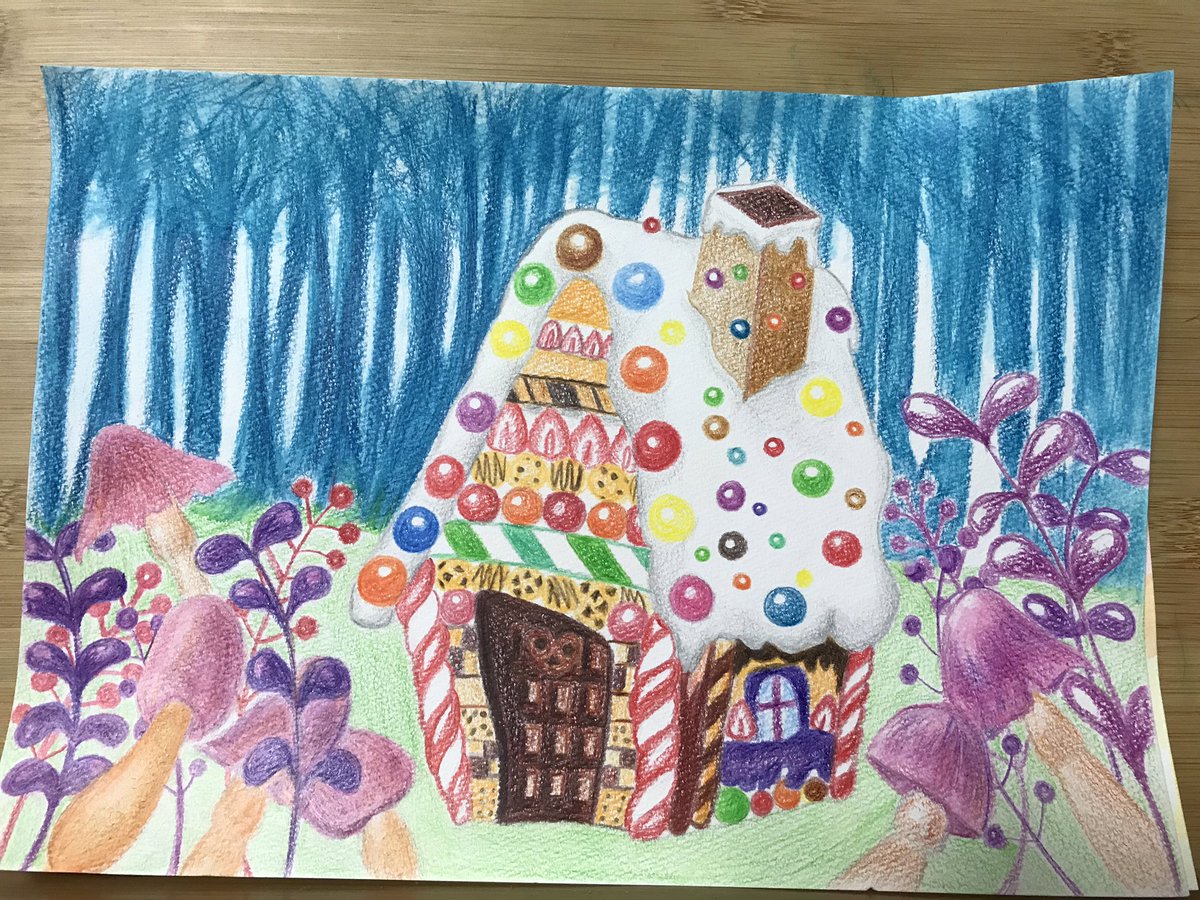 Dianne イラスト色鉛筆画 チョークアート 看板 お菓子の家二つ描きました どこからたべますか お菓子作り好きな人と繋がりたい お菓子の家 森 色鉛筆画 ハウス スイーツ スイーツハウス 甘いお菓子 イラスト お菓子のイラスト 魔女の家