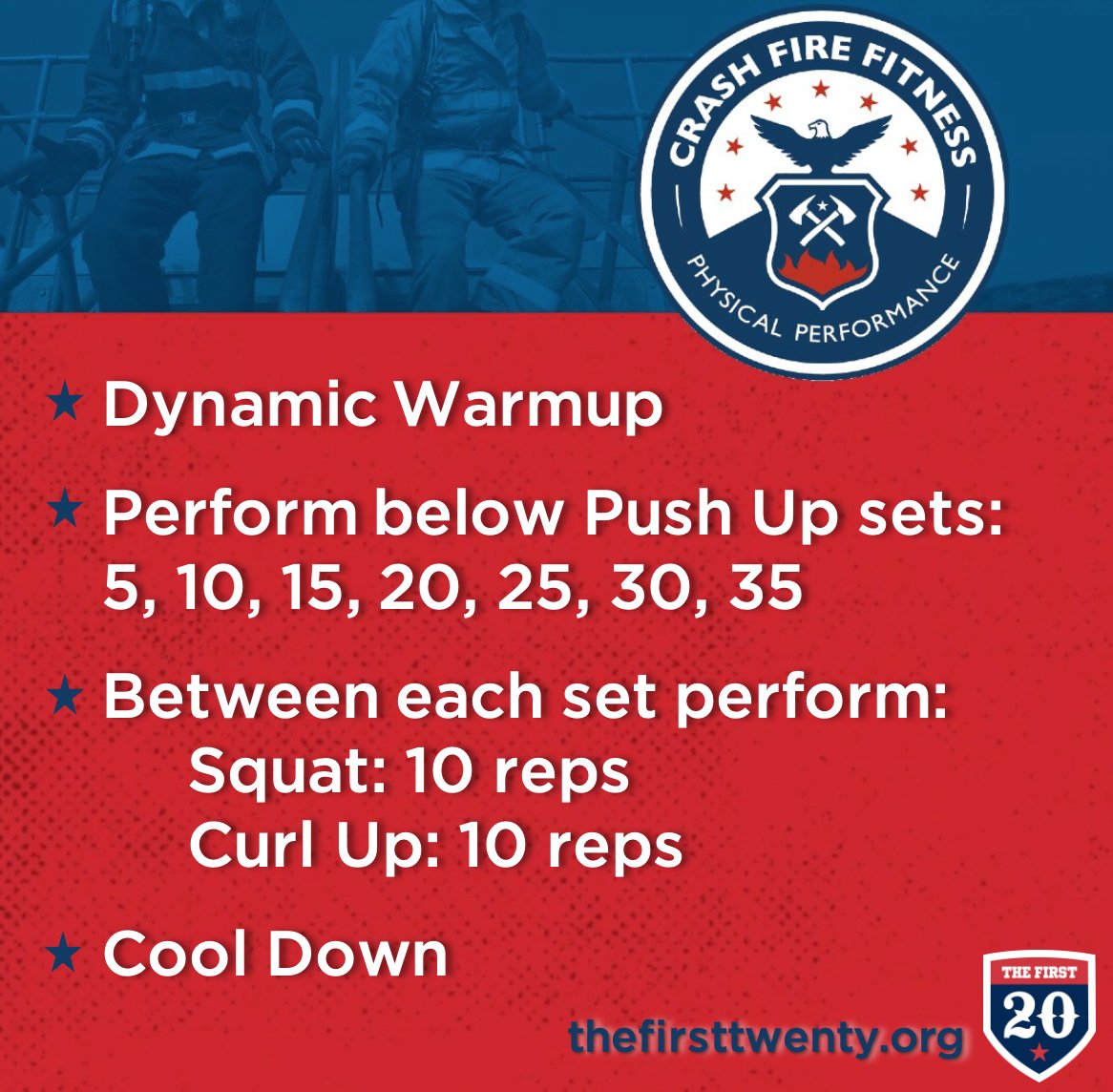 Back at it with our “#NoEquipment, no problem,” #workouts from our Crash Fire Fitness Program! Complete this quick burner whenever &amp; wherever. Check out our YouTube channel for full videos and scales for each exercise at bit.ly/TheFirstTwenty… #FirefighterFit #WOD #FireFit
