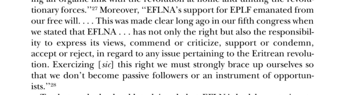 Two dominant factions arose. One to keep it independent, & the other to make it obedient to EPLF leadership. 5th Congress emphasized the former to guard against "Opportunists".With EPLF funds running dry after Sabbe was pushed out of  #Eritrea 1977, burden fell on EFLNA.