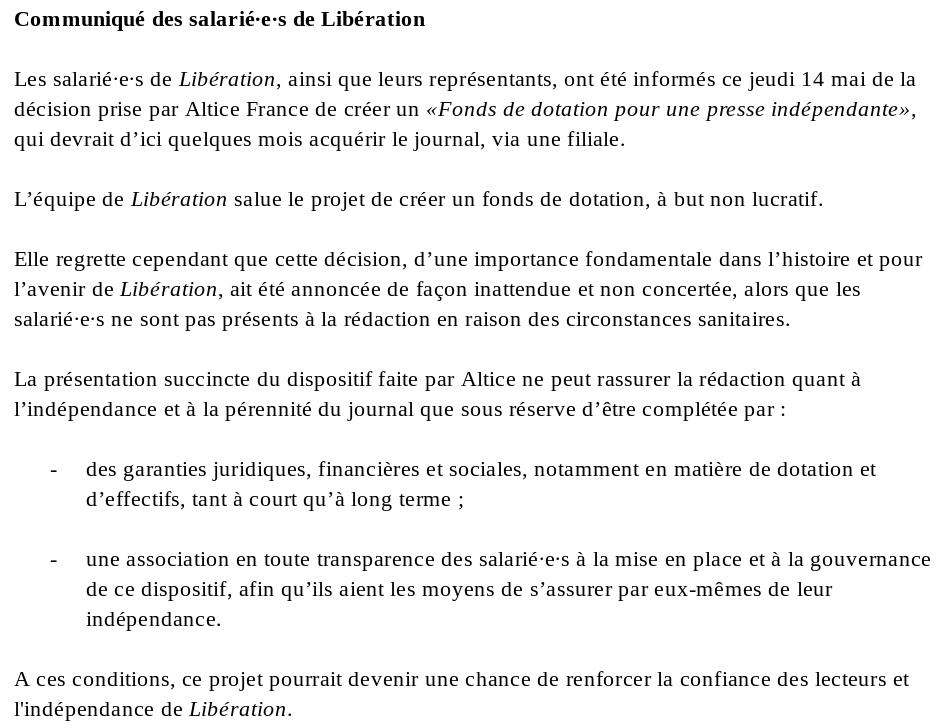 SJPLibe's tweet photo. Communiqué des salarié·e·s de «Libération» https://t.co/I7nJ0j8jtU
