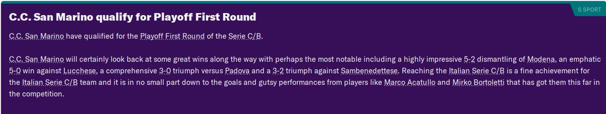 After a good start to the season, it has been tough as the only semi-pro team in Serie C. Just about managed to hang on to secure a playoff spot (although I have no clue how the playoffs work). Turning pro next season, so should hopefully be able to progress further...  #FM20