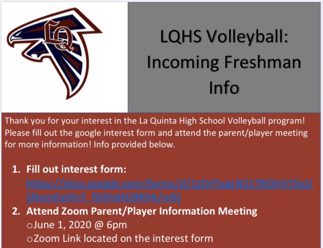 Attention Incoming Freshman Girls if interested in playing Volleyball at <a href="/LQBlackhawks/">The Blackhawks</a>