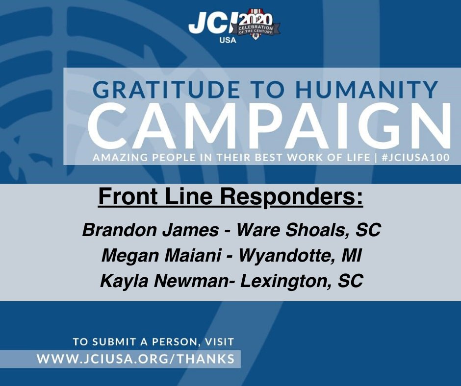 Members across JCI USA came together to create the #Gratitude2Humanity Campaign. #thankfulthursday If you would like to nominate someone working during this pandemic do so at jciusa.org/thanks