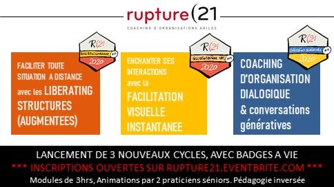 ** LANCEMENT DE 3 NOUVEAUX CYCLES DE FORM'ACTIONS A DISTANCE **. Badges exclusifs Rupture(21. FACILITATION A DISTANCE AVEC LES LIBERATING STRUCTURES, FACILITATION VISUELLE INSTANTANEE et .... COACHING D'ORGA DIALOGIQUE. rupture21.eventbrite.com. Démarrage semaine prochaine