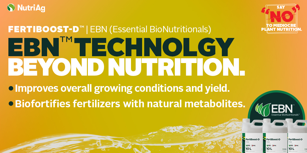 NutriAg's tweet photo. Our new #EBN technology biofortifies our fertilizers with natural metabolites to deliver superior performance. Find it in products like #FertiBoostD and #MaxiBoost this season. https://t.co/8GfEh0GAkK