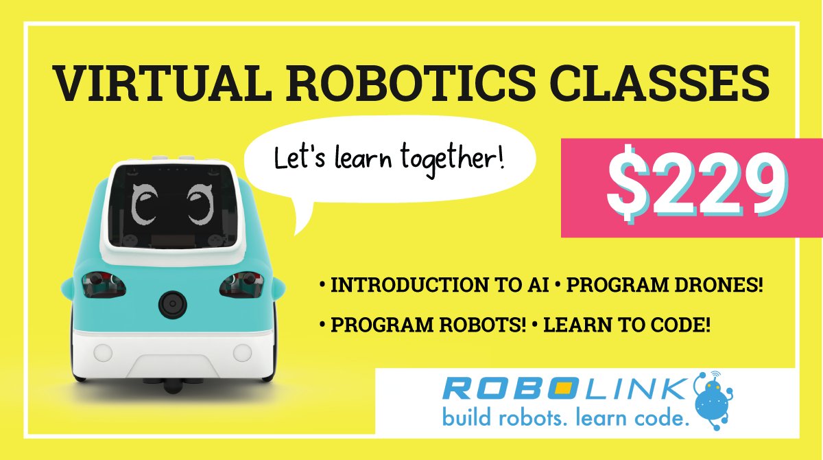 We are in full swing with our virtual robotics classes. Join us, &amp; learn #AI, #Python, &amp; have fun doing educational projects for beginners &amp; advanced users alike. 
If you have a #Zumi or #CoDrone already, great! If not, our program includes one.
Learn more:shop.robolink.com/collections/vi…