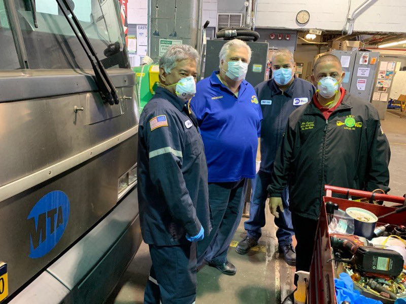 TWULocal100's tweet photo. Pres Tony Utano and union officers talk to rank and file at #Eastchester Depot near #I95 as we #MoveNY and fight #covid19 with Eastchester Chair Juan Villanueva @NYSAFLCIO @AFLCIO @TTDAFLCIO @transportworker @NYCTBus https://t.co/rd8cVUi5Vw