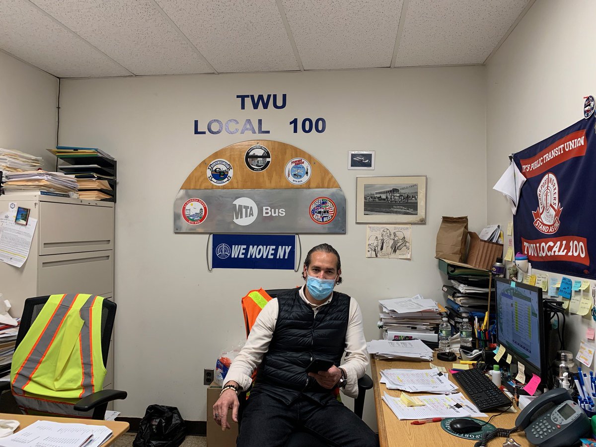 TWULocal100's tweet photo. Pres Tony Utano and union officers talk to rank and file at #Eastchester Depot near #I95 as we #MoveNY and fight #covid19 with Eastchester Chair Juan Villanueva @NYSAFLCIO @AFLCIO @TTDAFLCIO @transportworker @NYCTBus https://t.co/rd8cVUi5Vw
