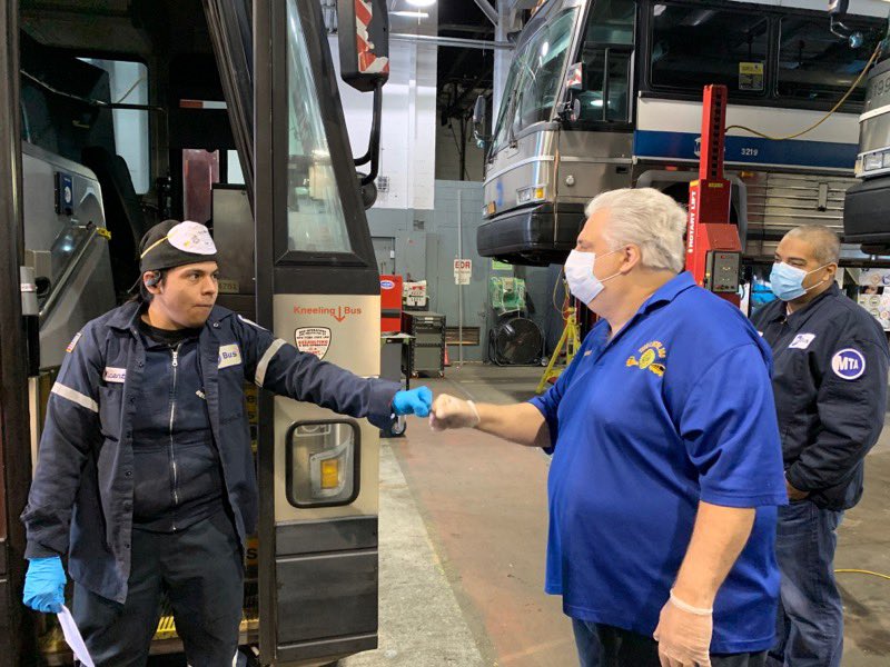 TWULocal100's tweet photo. Pres Tony Utano and union officers talk to rank and file at #Eastchester Depot near #I95 as we #MoveNY and fight #covid19 with Eastchester Chair Juan Villanueva @NYSAFLCIO @AFLCIO @TTDAFLCIO @transportworker @NYCTBus https://t.co/rd8cVUi5Vw