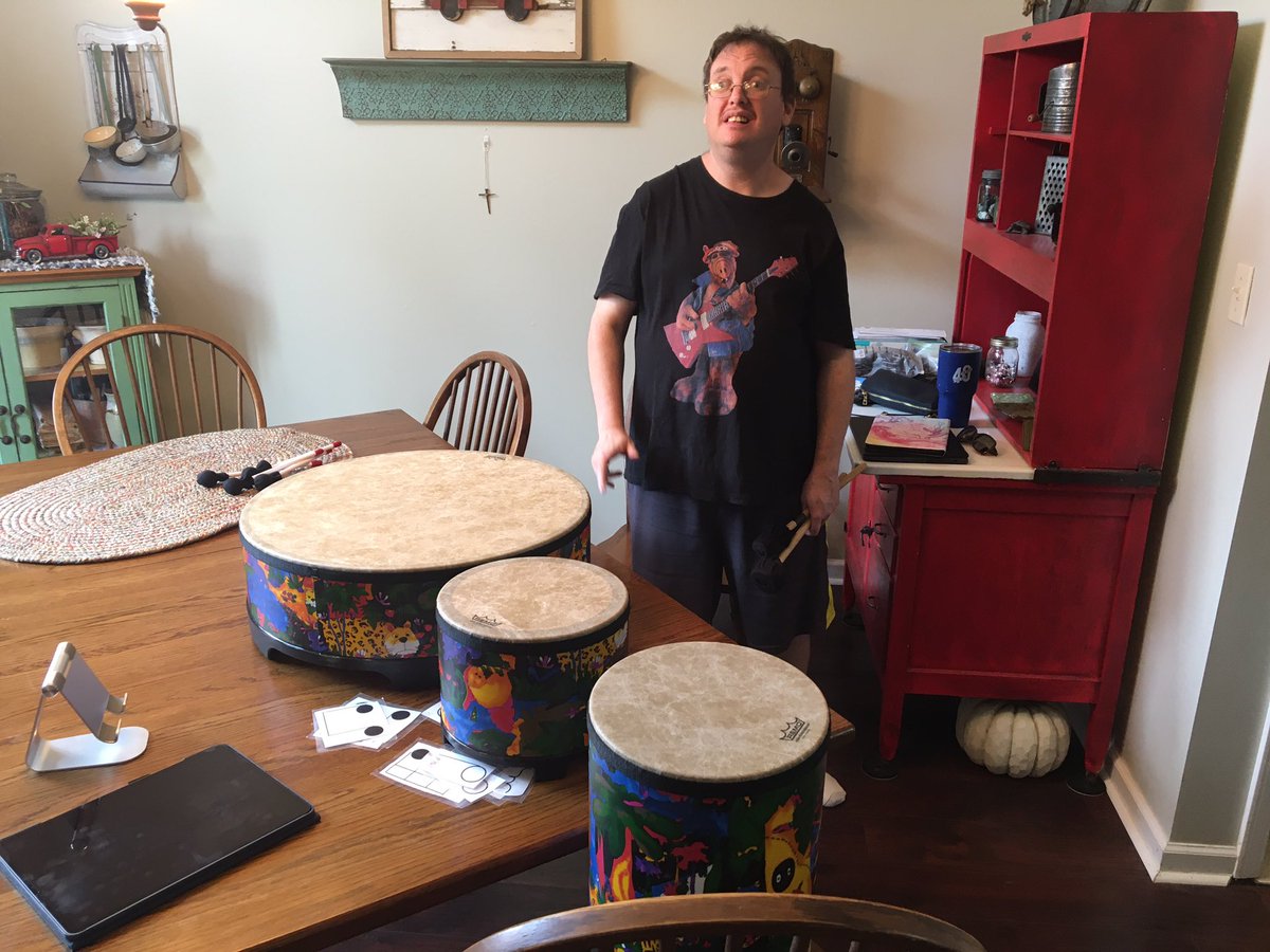TribStarJoe's tweet photo. Jason Whitt prepares to play the drums for the Happiness Bag Zoom talent show. https://t.co/AvmDcluMqT