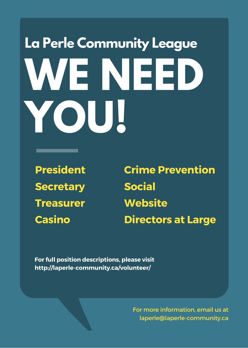 LaPerleCommLeag's tweet photo. La Perle Community League is looking for volunteers to join the board and/or various committees in 2020. Visit our website to see all our opportunities https://t.co/Cbptl8rskL https://t.co/zOXlVqRJjm