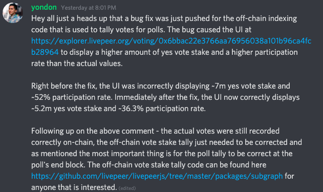 LivepeerGov's tweet photo. Noticed that things in the #LIP19 poll changed?
A bug fix was published. This was an issue with the UI, not the underlying #governance contract. https://t.co/7uFam5K3bR