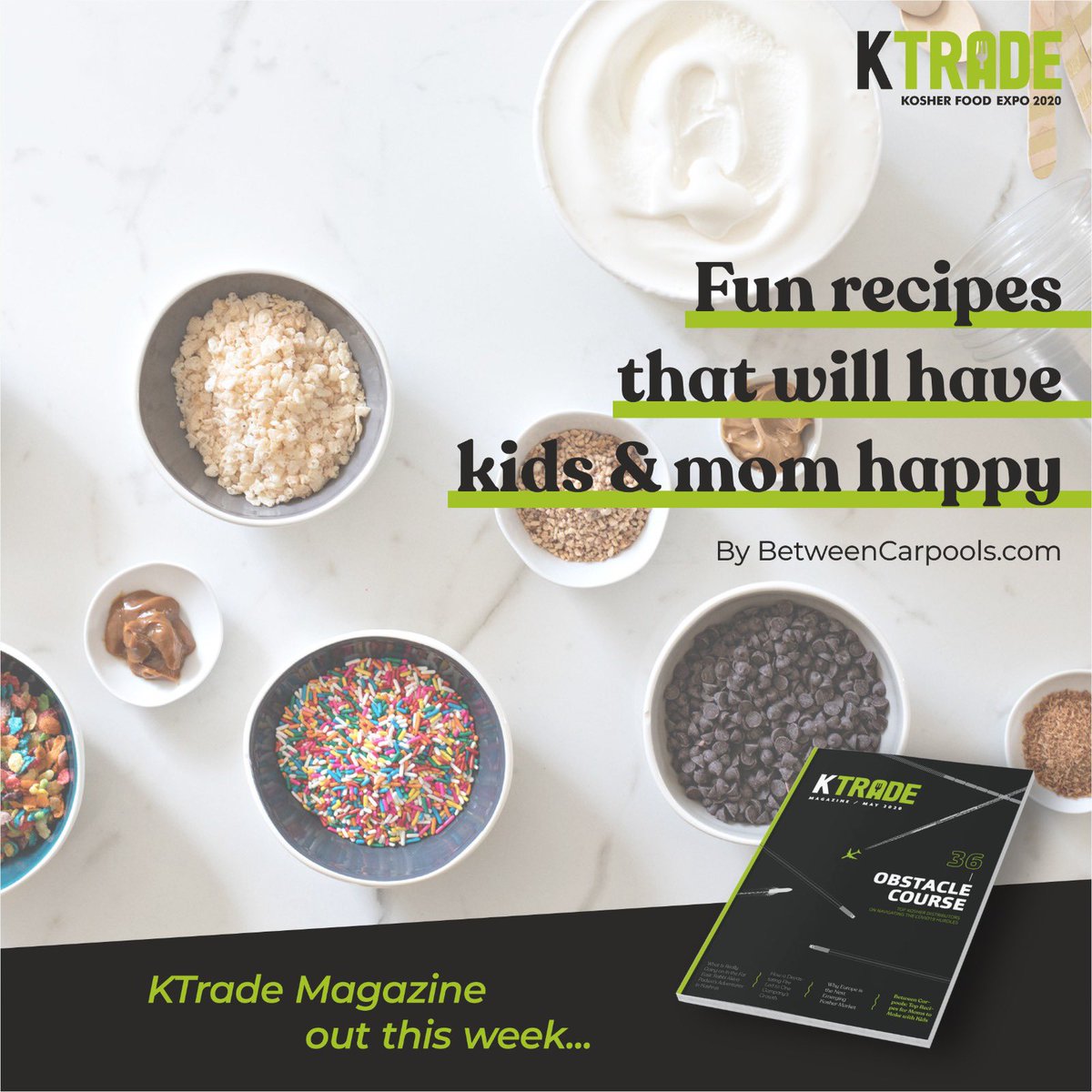 Fun recipes that will have kids and mom happy with <a href="/BetweenCarpools/">BetweenCarpools</a> in our magazine. Make sure to get your hands on one... 

#KTrade #KTradeMagazine #magazine #kosher #kosherfood #kosherfoodie #kosherfoodies #kosherindustry