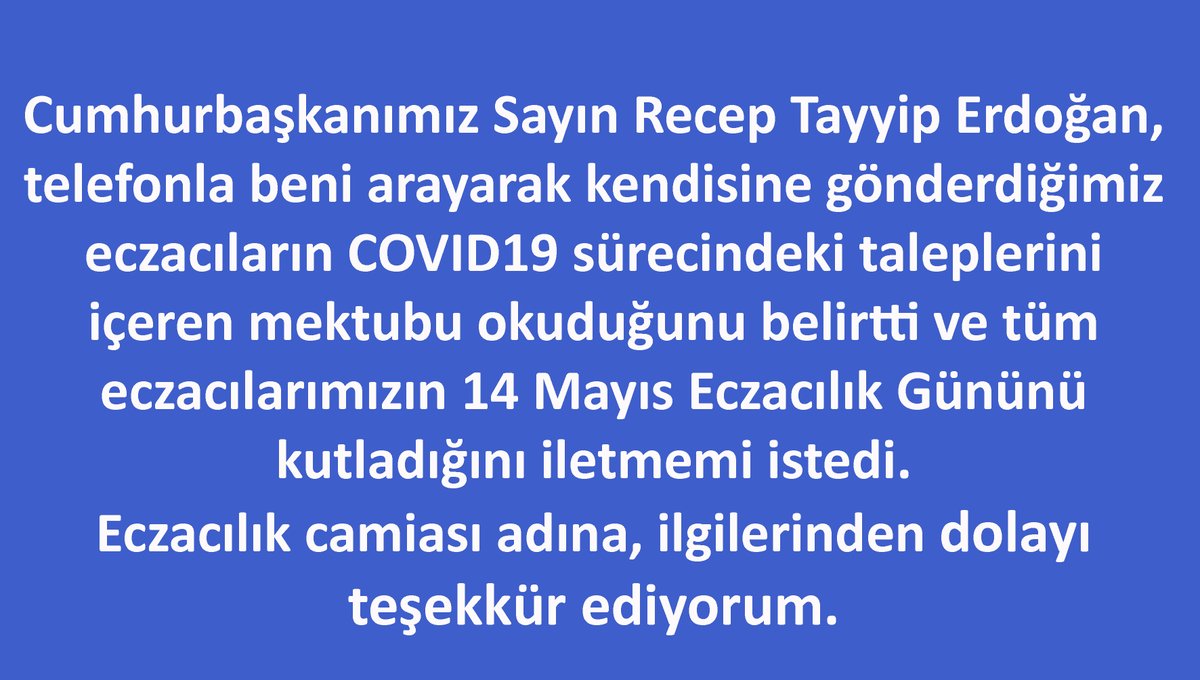 Cumhurbaşkanımız Sayın Recep Tayyip Erdoğan'a eczacılık camiası adına, ilgilerinden dolayı teşekkür ediyorum. <a href="/RTErdogan/">Recep Tayyip Erdoğan</a> <a href="/tcbestepe/">T.C. Cumhurbaşkanlığı</a> #14MayısEczacılıkGünü
