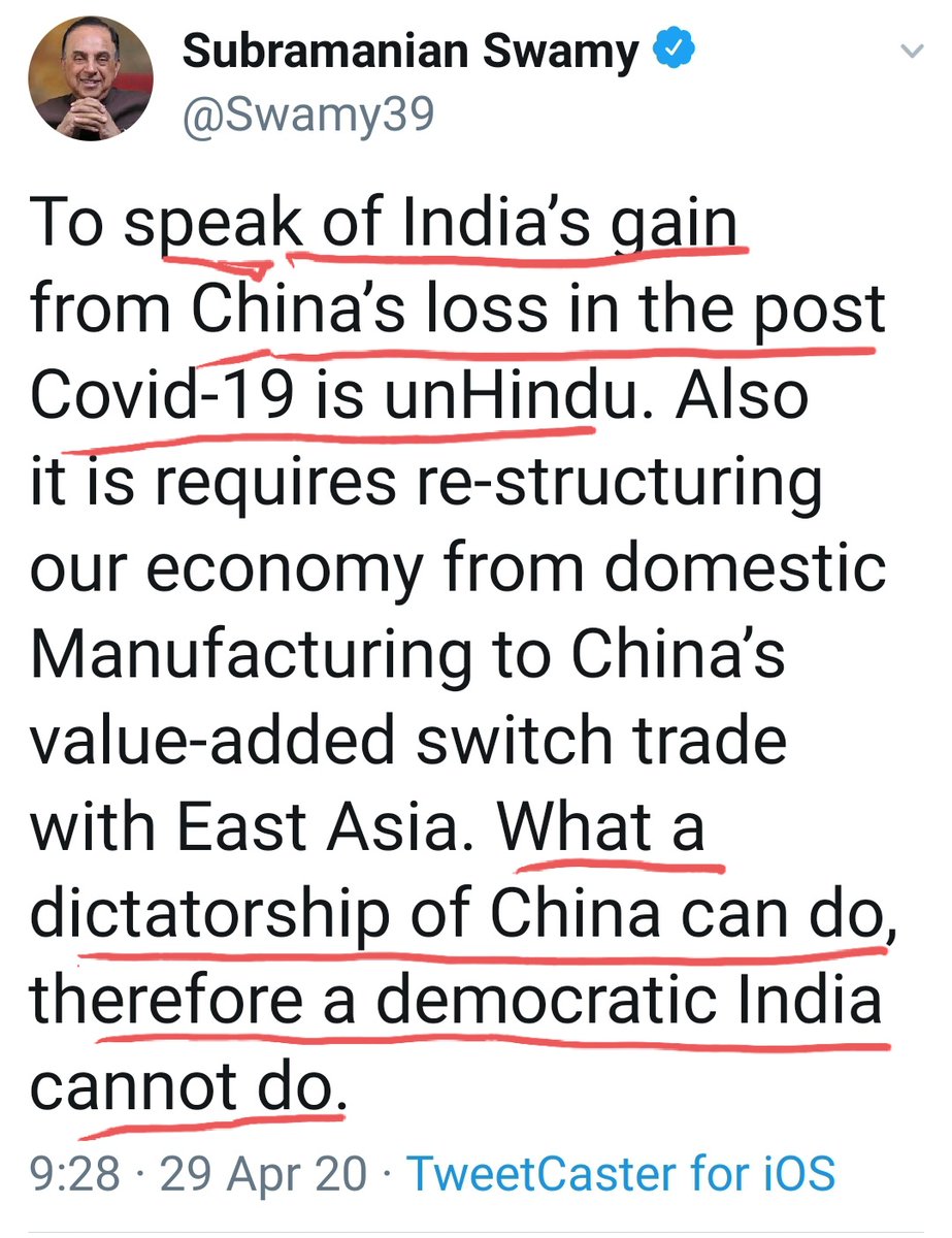 While Modiji is aggressively wooing multinational companies to shift their manufacturing units into India; this unofficial ambassador of China is lampooning Modiji by calling him an IDIOT.More than Xi Jinping, this  @Swamy39 is more distressed due to companies leaving China.1/6