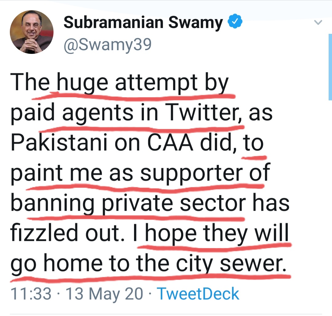 When he was criticised for his defence for China, he calls his critics as is his wont; paid agents..However, Swamy isnt able to explain how paid agents can't afford to reside in a decent quarter instead of a city sewer..On my part, I have never seen him residing in a sewer.2/6