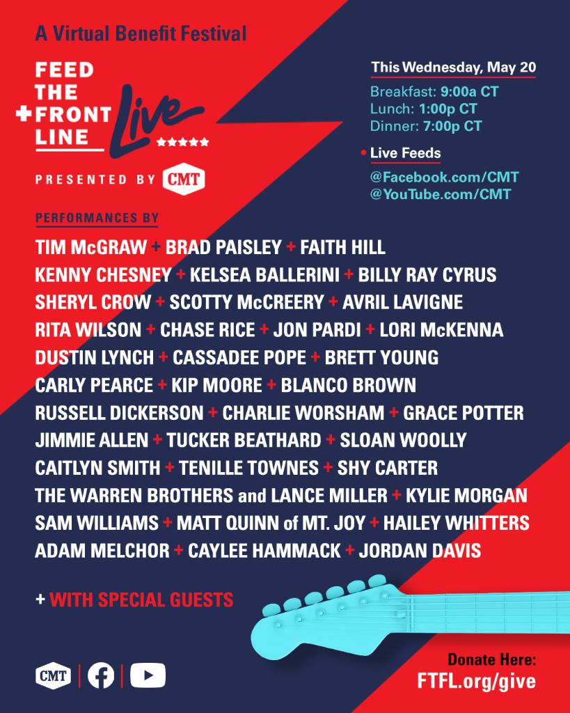 CMT's tweet photo. Join us on May 20 for "Feed the Front Line Live Presented by CMT,” a three-part, star-studded virtual benefit festival.

The streams will air on CMT's Facebook and Youtube channels. To support those on the frontlines of COVID-19, visit https://t.co/SdFtkGsxWf. https://t.co/uFUXDsKXS0