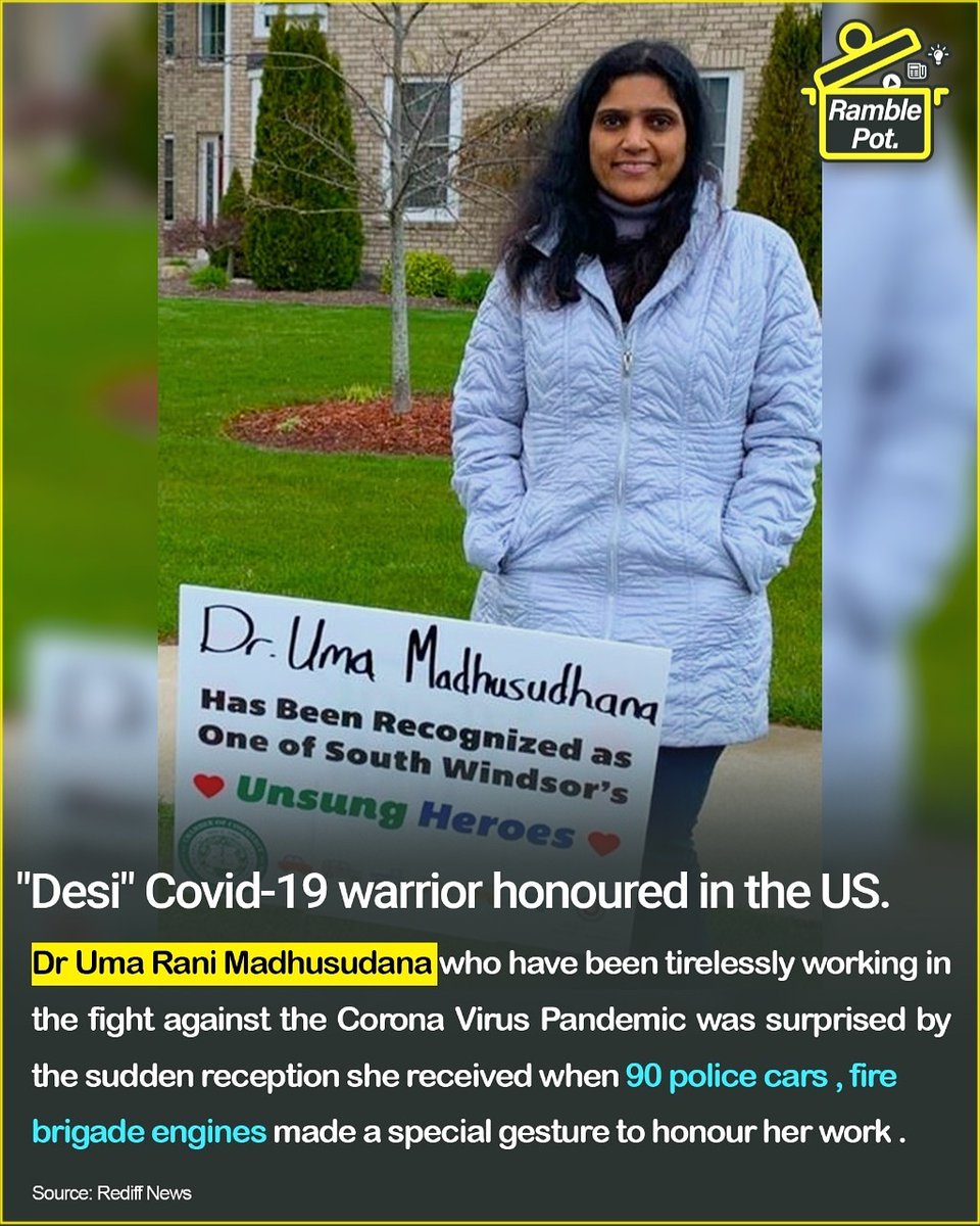 RamblePot's tweet photo. In recognition of her extraordinary service treating Corona patients in South Windsor Hospital in the US , Dr Uma Madhusudan, a Mysore origin doctor was  honoured infront of her house in USA. 

#Corona #Covid19 #India #America #Warrior https://t.co/j5OL7hyFGp