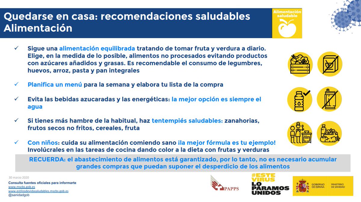👉Sigue una alimentación equilibrada tratando de tomar fruta y verdura a diario.

👉Elige, en la medida de lo posible, alimentos no procesados evitando productos con azúcares añadidos y grasas. 

#EsteVirusLoParamosUnidos 

#COVID19