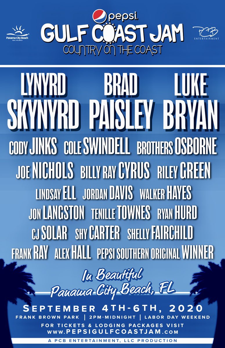 ProducerJam's tweet photo. RT for your chance to win 2 GA tickets to @pepsi @GulfCoastJam in @Visit_PCB with @Skynyrd @BradPaisley @LukeBryanOnline @CodyJinksMusic @coleswindell @brothersosborne @JoeNichols @billyraycyrus and @RileyGreenMusic onsale https://t.co/L51jDDFuml https://t.co/vZ1x4albl7