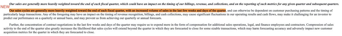 In its 10-K, Smartsheet added a new risk factor, saying “a significant portion of our larger transactions [occur] in the last few days and weeks of each quarter.” This is especially odd considering SMAR’s fiscal year ends January 31. (March 31)