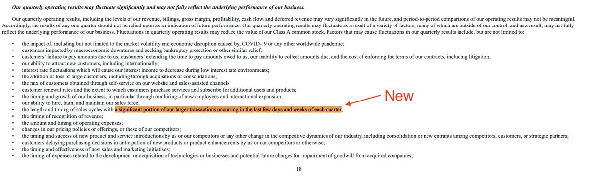 In its 10-K, Smartsheet added a new risk factor, saying “a significant portion of our larger transactions [occur] in the last few days and weeks of each quarter.” This is especially odd considering SMAR’s fiscal year ends January 31. (March 31)