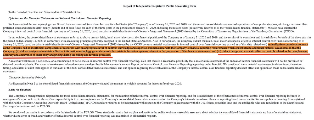 In addition, SMAR’s auditor, PwC, noted material weaknesses and wrote, “[SMAR] did not design and maintain effective controls related to the completeness, accuracy and occurrence of order entry and pricing during the billing and revenue processes.” (March 31)