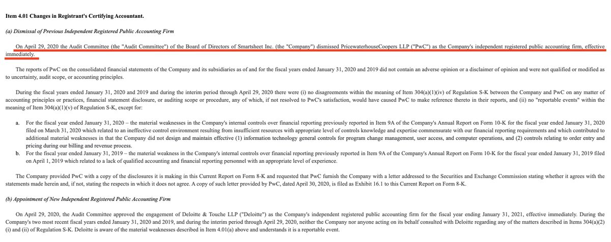 Then, one day before the end of fiscal Q1, SMAR dismissed PwC as their auditor “effective immediately" (April 29)