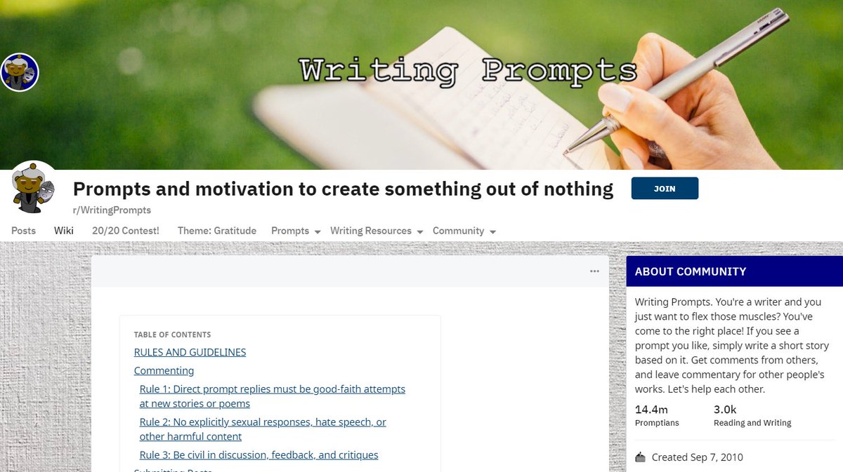 Writing prompts can be a fun way to improve your writing, entertain yourself and others, and exercise your creative freedom. reddit.com/r/WritingPromp… has some great ideas for playing with imagination and words. If you post, they'll even give you feedback!