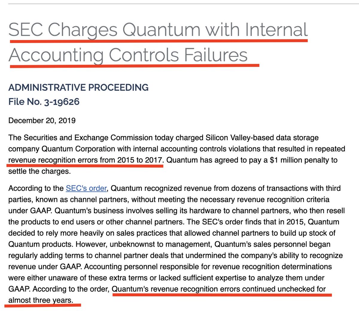 In 2017 Mr. Seel audited Quantum, another tech company. Quantum needed to restate financial over revenue recognition errors and paid $1 million to settle with the SEC.