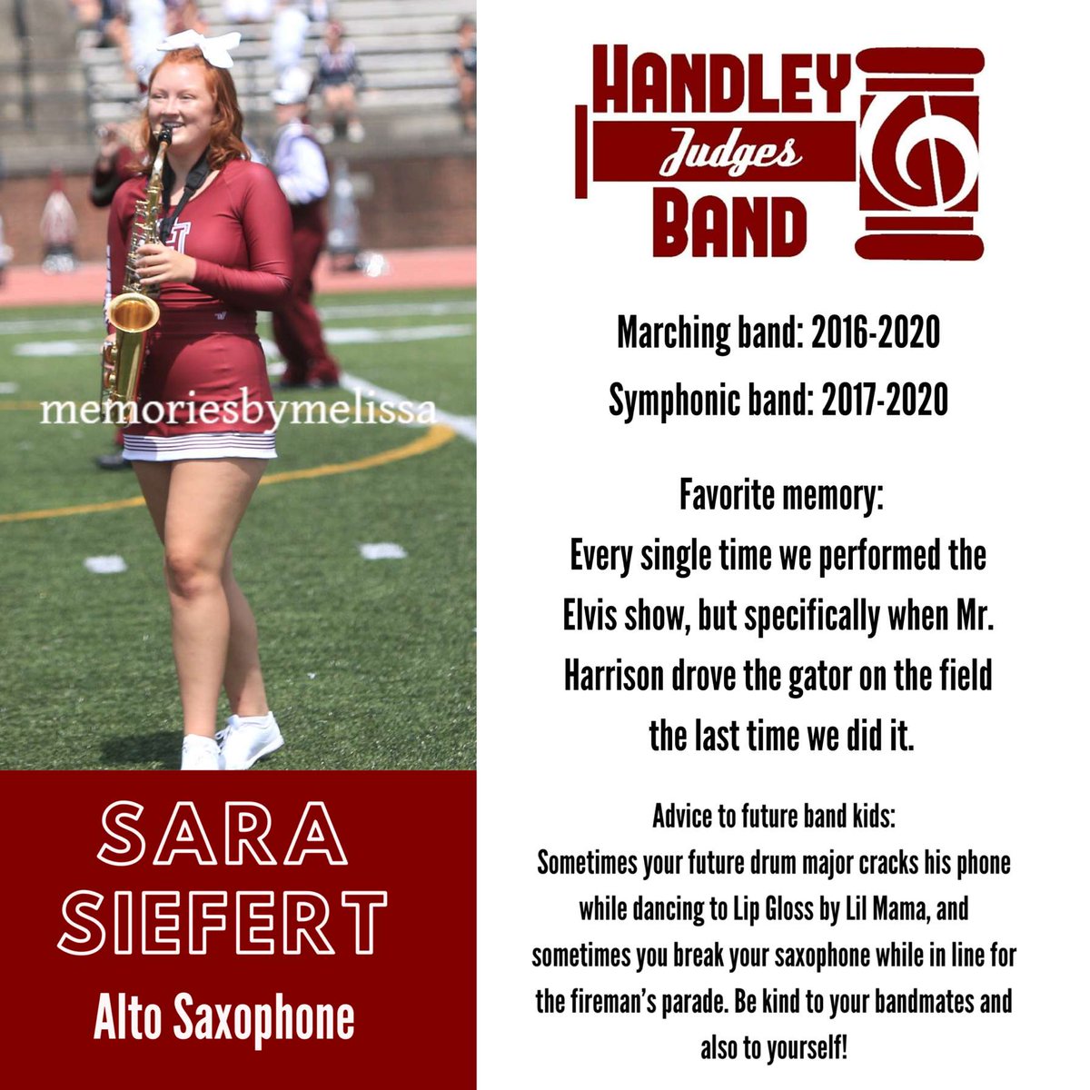 Congratulations, Sara! Hopefully no future band members will break their saxophone before a parade.