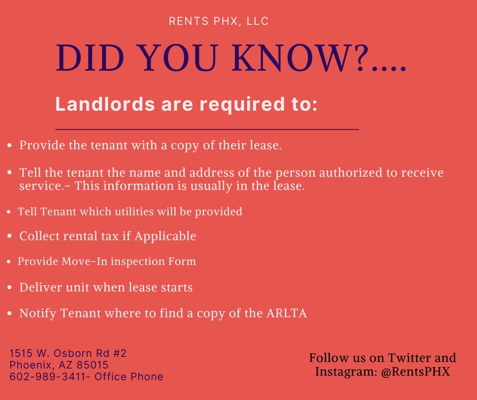 Did you know?! 

#RentsPHX #PhoenixRentals #TempeRentals #ScottsdaleRentals #ChandlerRentals #PeoriaRentals #Glendale Rentals #LandlordTips