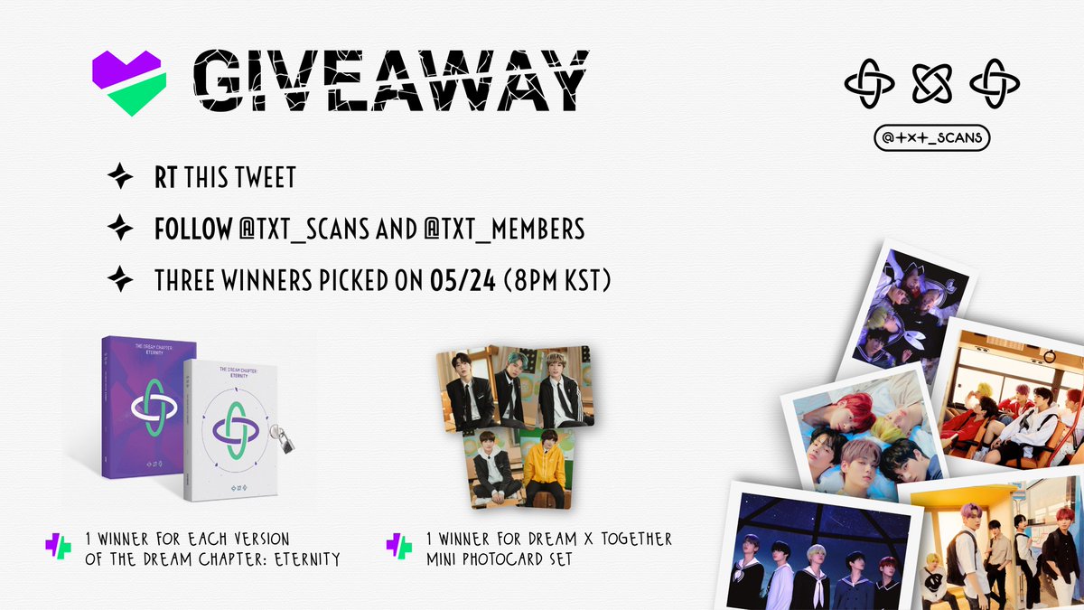 🍀 𝗚𝗜𝗩𝗘𝗔𝗪𝗔𝗬
Stand a chance to win TXT’s new album and a photocard set from the fanlive!

1. RT THIS TWEET
2. FOLLOW <a href="/TXT_scans/">TXT SCANS ✘</a> AND <a href="/TXT_members/">TOMORROW X TOGETHER</a>
3. THREE WINNERS WILL BE PICKED ON 05/24 (8PM KST)

🌏 OPEN WORLDWIDE
국제 배송+국내 배송 다 가능합니다 ✓