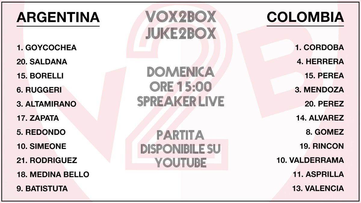 vox2box's tweet photo. Eccoci di nuovo con l'Argentina protagonista della nostra domenica di #Juke2Box! Forse, ecco, non esattamente protagonista come avrebbe desiderato...
Appuntamento alle ore 15!
🎧 LIVE su Spreaker https://t.co/MeTCmWWFM1
⚽️ partita su YouTube https://t.co/9FudfouiZn https://t.co/grAp0Gn6R1