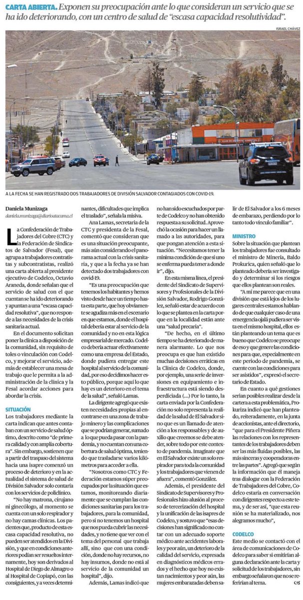 SupervisorDSAL's tweet photo. A propósito de las preocupaciones de los trabajadores, el ministro @bprokurica debe saber que lo que pidió a @CodelcoChile respecto de relaciones fluidas y sinceras, no es respetado en División Salvador. Mínimo gesto: saludo de cortesía del nuevo Presidente Ejecutivo en su visita https://t.co/ctw9vPLzP0