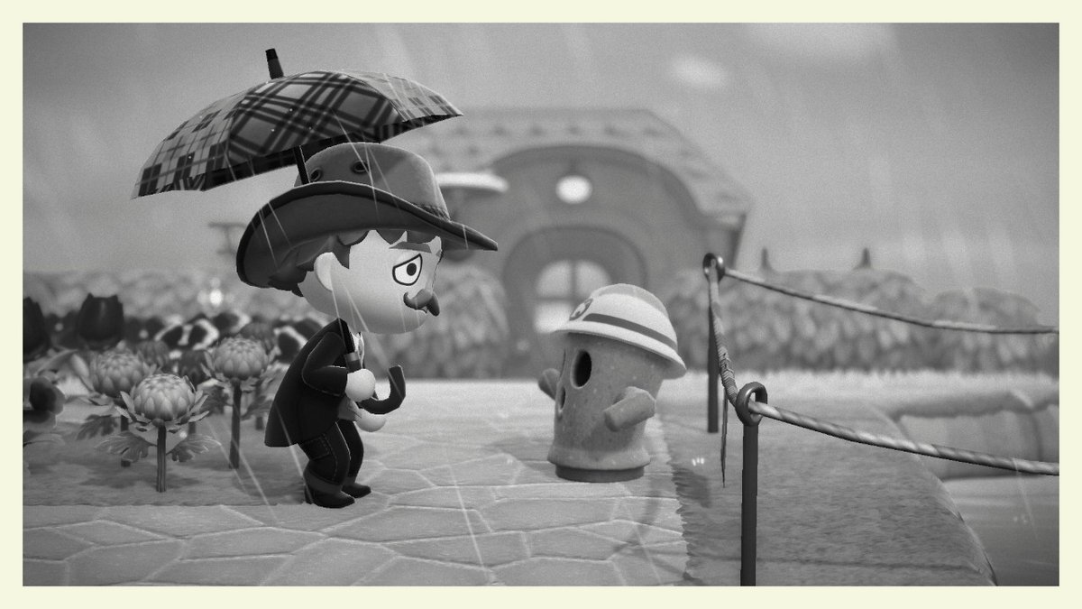 Walrus_McCloud's tweet photo. Poor Lloid! I sure picked a rotten weather day to build a bridge. #AnimalCrossing #ACNH #lloid #gyroid #rain https://t.co/cc9TimahH7