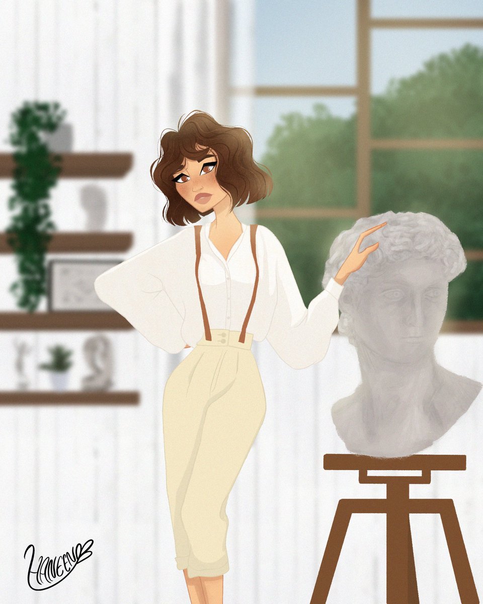 HaneenOthamn's tweet photo. Here is an artist in her studio .. with David's head lol .. Lately I've been trying a new style that made it easy for me to study anatomy .. using more straight lines than curves .. illustration done using #photoshop.. 😊😊 #digitalart
https://t.co/u3d7Xjz6Q0 https://t.co/A6gnqfrrXJ