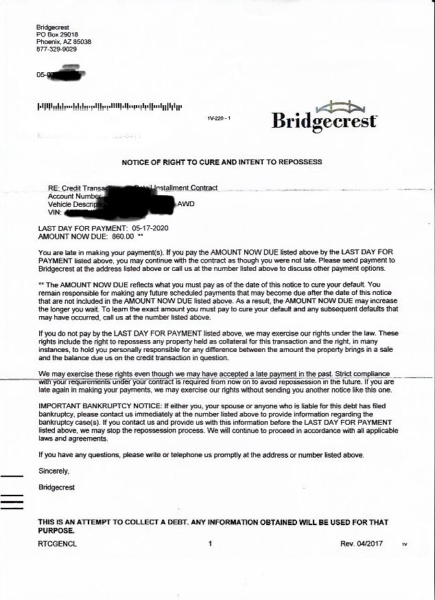 Rayanewyork's tweet photo. @BridgecrestHelp How are you working with customers when you are already sending repossession threats/notices: #Covid19 #Bridgecrest #Coronavirus #StimulusChecks #stimuluspayment https://t.co/tDZTK3CSLe