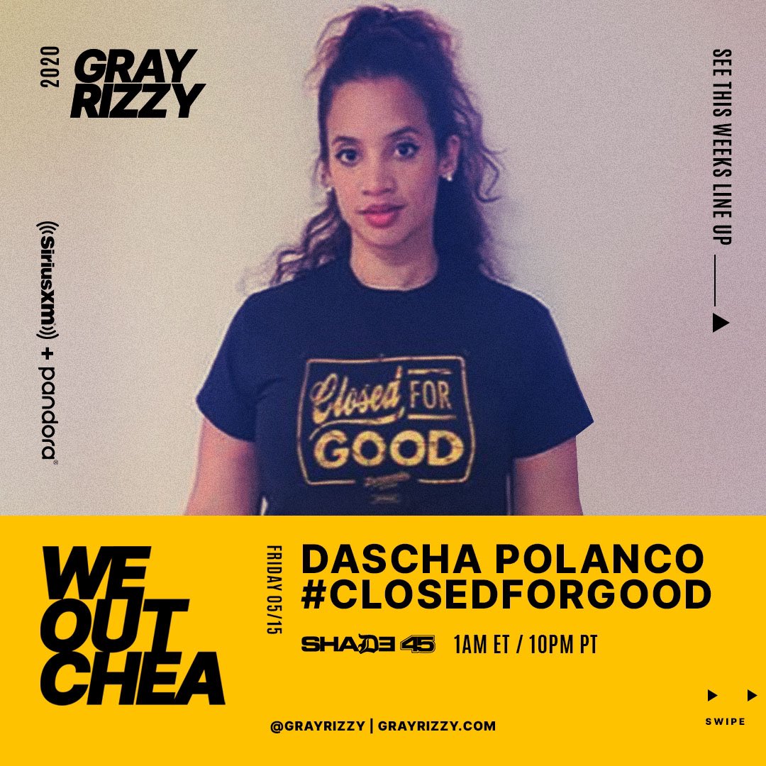 Shade45's tweet photo. Tonight @grayrizzy welcomes actress @SheIsDash on The #WeOutchea Show to talk about her #closedforgood partnership, #InTheHeights movie, new music + more!
Tune in every Tue thru Fri with #GrayRizzy from Midnight to 3a ET / 9p Pacific on @siriusxm Ch45! Stream free till 5/31/20! https://t.co/T8pikHnkGc