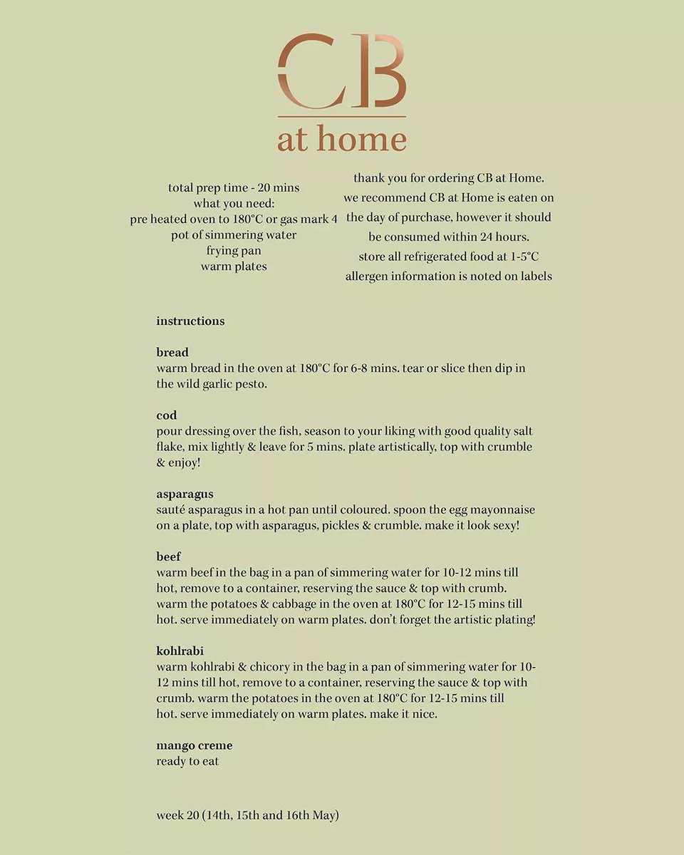 𝗖𝗕 𝗮𝘁 𝗛𝗼𝗺𝗲 orders go out with instructions included on how to heat, complete and plate when you wish to eat. However, in case your instructions go astray this weekend, here's a copy to help you out!

#CBATHOME 
#PlateArtistically
