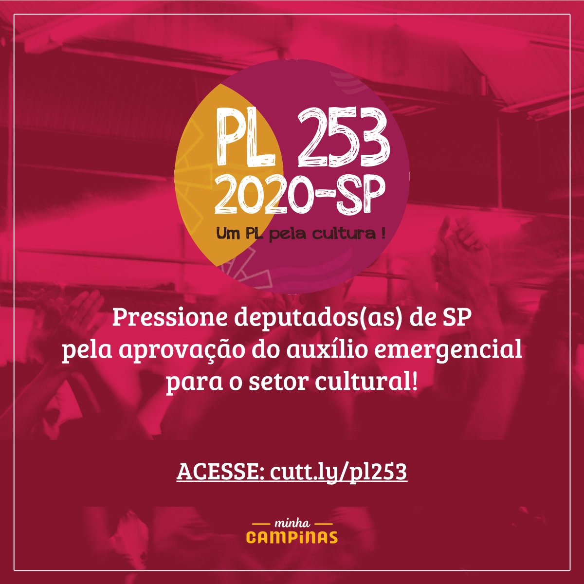 minhacampinas's tweet photo. A #Cultura pede socorro! O #PL253 cria um auxílio emergencial para trabalhadores(as) e espaços da cultura de SP, que ficaram de fora dos programas criados. A votação é em alguns dias! Clique e pressione todos(as) os(as) deputados(as) pela aprovação: https://t.co/b5FryWK2V4 https://t.co/XDNgjLA2JS