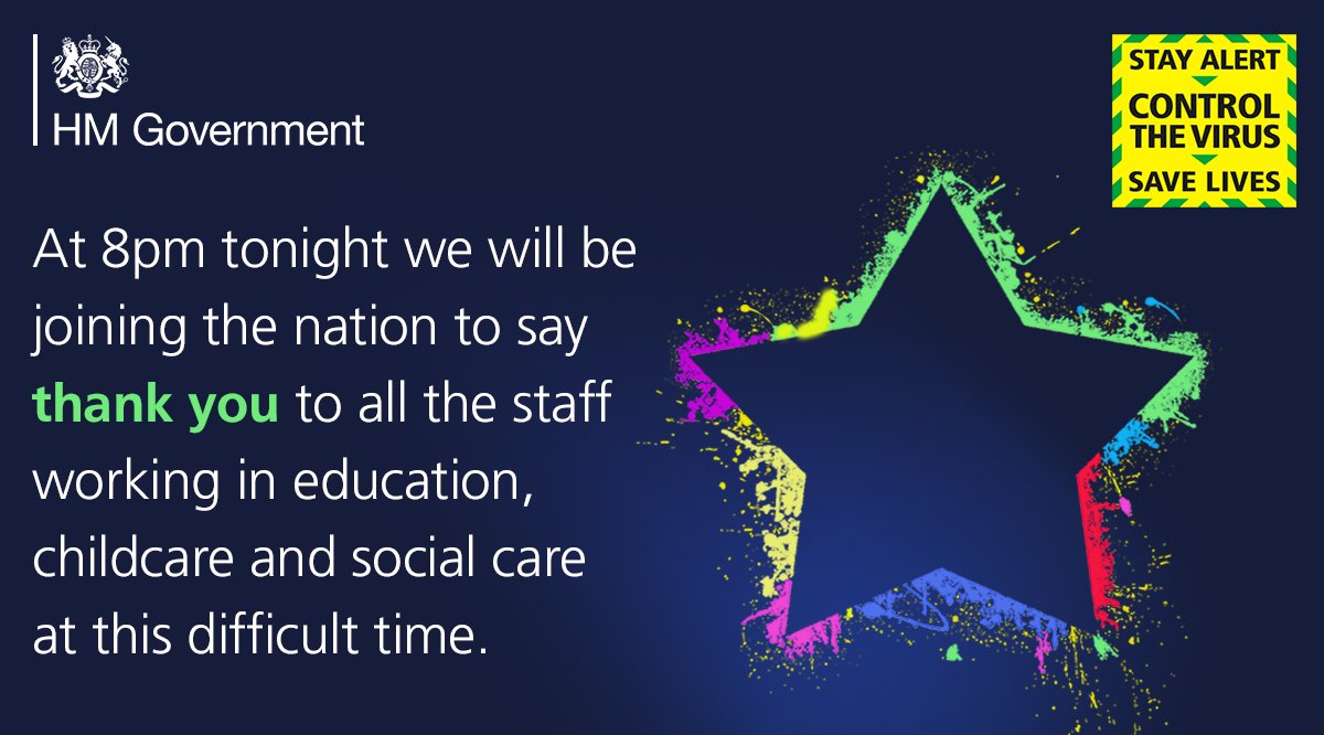 At 8pm tonight we will be joining the nation to say thank you to all the critical workers – including those providing education, childcare and social care at this difficult time.
Thank you all 👏
#ClapforCarers  #Covid19UK #StayAlertSaveLives