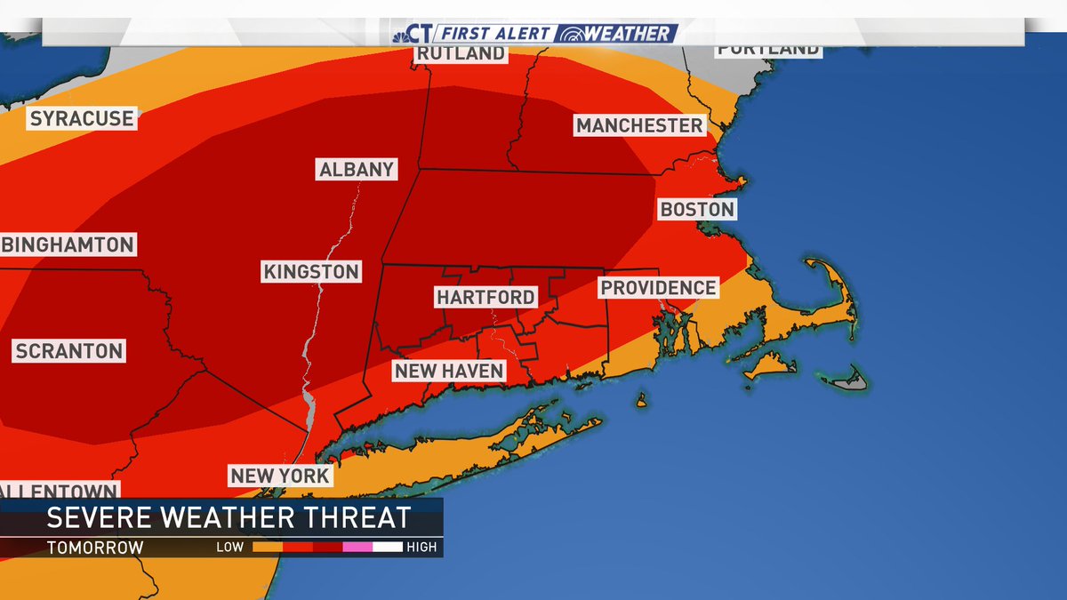 ryanhanrahan's tweet photo. The Storm Prediction Center has *increased* the severe weather threat across Southern New England tomorrow late afternoon and evening. Damaging winds, hail, and tornadoes are possible. More starting at 4. #nbcct https://t.co/Laj2mWS03c