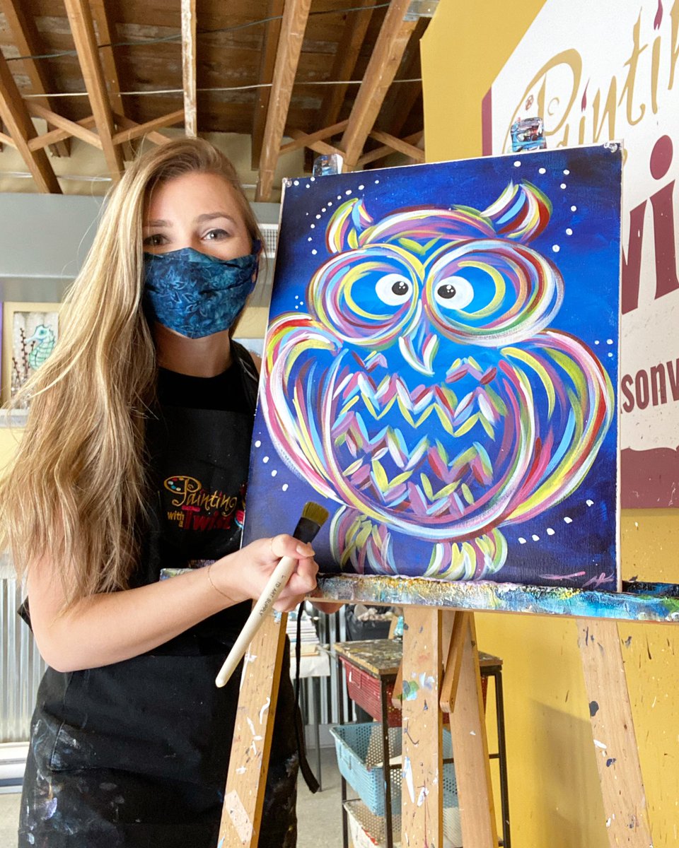 PWATJax's tweet photo. Owl bet you know someone hoo would love to paint this! Have you grabbed your #twistathomejax curbside pickup yet? Link in bio to see what you can choose from! 🍷🦉🚙💨✨ #ArtKitsToGo #CurbsidePickup #Open #JaxNews #PaintParty https://t.co/bw1wHbM0zt