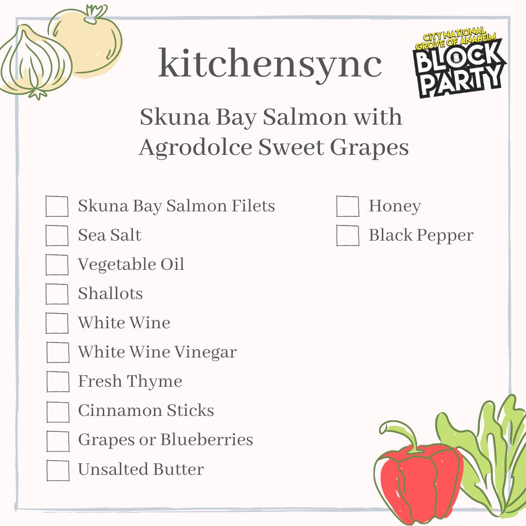groveofanaheim's tweet image. It's not too late to sign up for our #KitchenSync today at 5pm! Watch &amp;amp; learn as Chef prepares Skuna Bay salmon &amp;amp; @TheRanchSaloon’s Executive Chef Michael Rossi will also be live to discuss the menu. Peep the ingredients below &amp;amp; let's get cooking!
Sign up: bit.ly/2xVv9zE