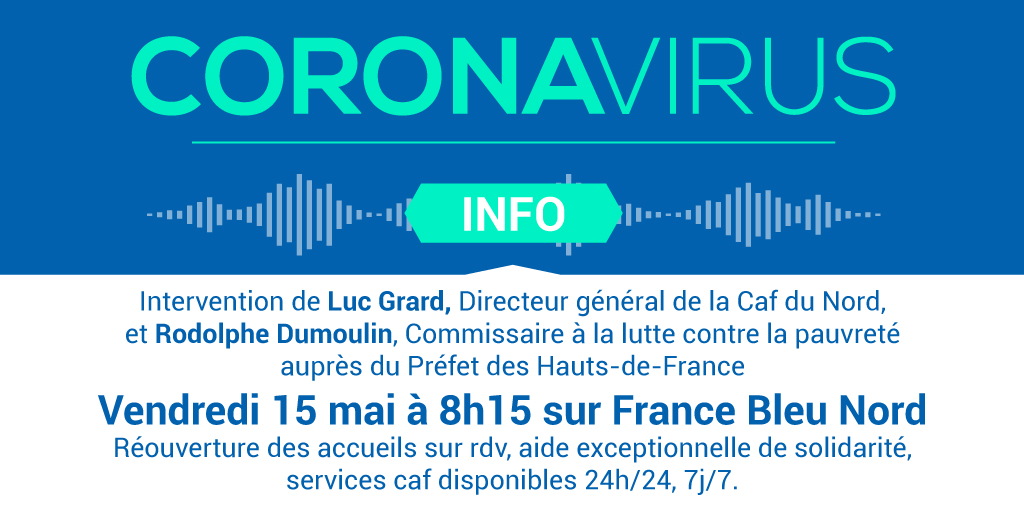 CafduNord's tweet photo. #Presse #Covid19 Rdv demain 8h15 sur @fbleunord pour l'interview de Luc Grard, DG @CafduNord &amp; Rodolphe Dumoulin, Commissaire à la lutte contre la pauvreté @prefet59 pour un point sur l'aide exceptionnelle de solidarité et la reprise des services publics sur @hautsdefrance https://t.co/CRLEIa7t0M