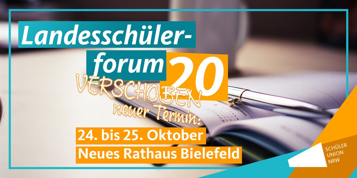nrw_su's tweet photo. Neue Umstände erfordern eine neue Planung: Wir mussten unser diesjähriges Landesschülerforum auf den 24. und 25. Oktober 2020 verschieben. Wir freuen uns auf Euch im neuen Rathaus Bielefeld! #LSF20 https://t.co/crm9tEi7AZ