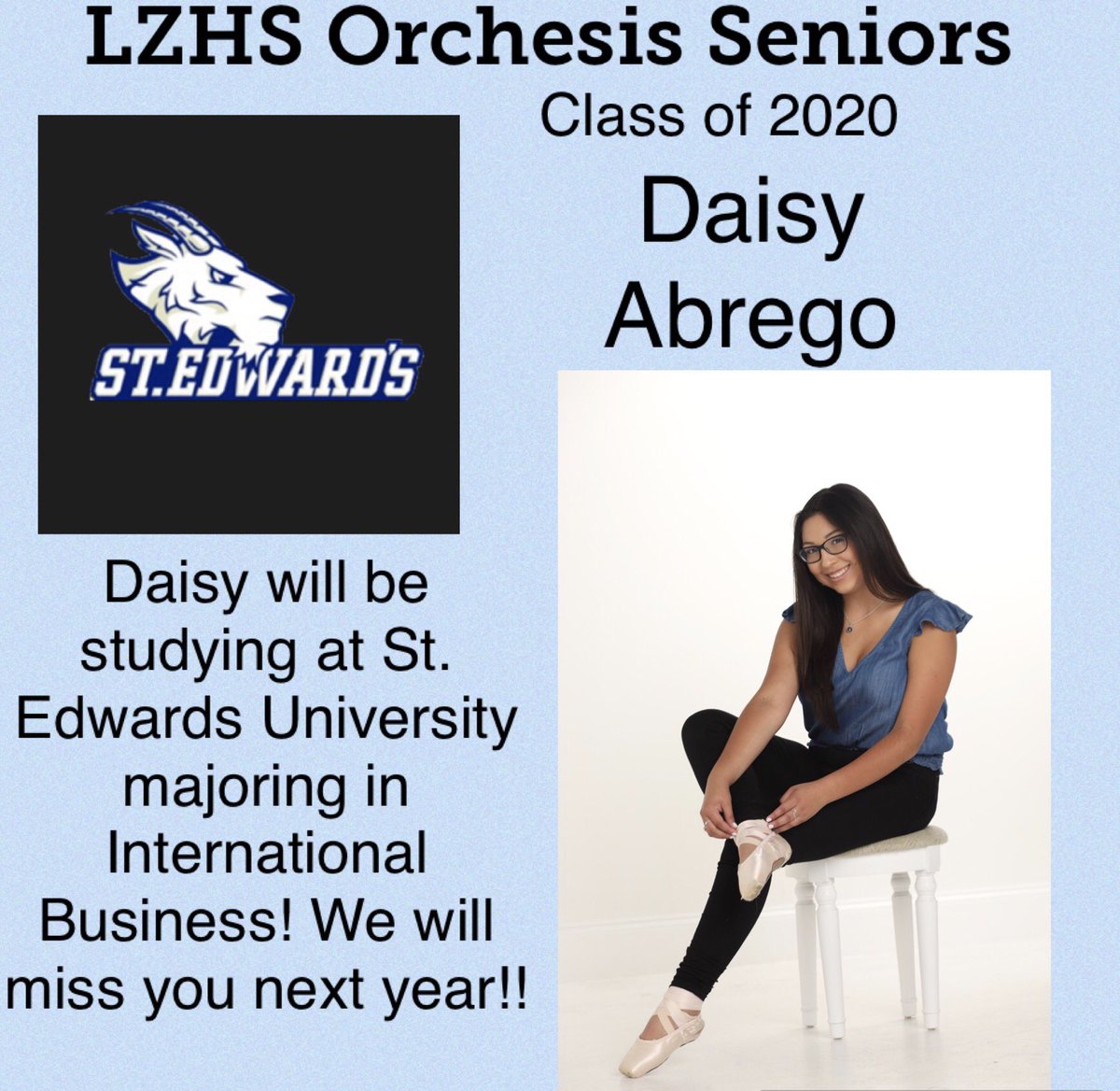 LzhsO's tweet photo. Our last senior shoutout goes to Daisy Abrego!! We wish you the best of luck at St. Edwards University!! https://t.co/0RvhF7RfXo