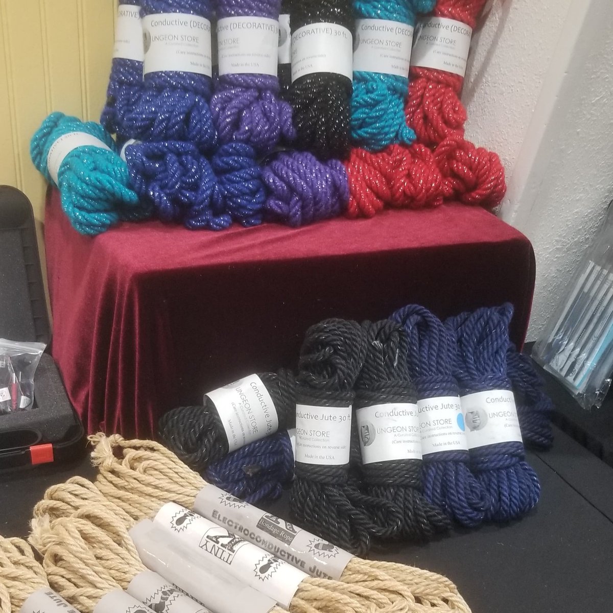 #TBT to our gorgeous conductive rope display at last December's #NaughtyNoel2019 . Goodness we miss our Studio 58 friends. Hopefully we'll see you all soon. Remember these are all available at TheDungeonStore.com ⚡💜