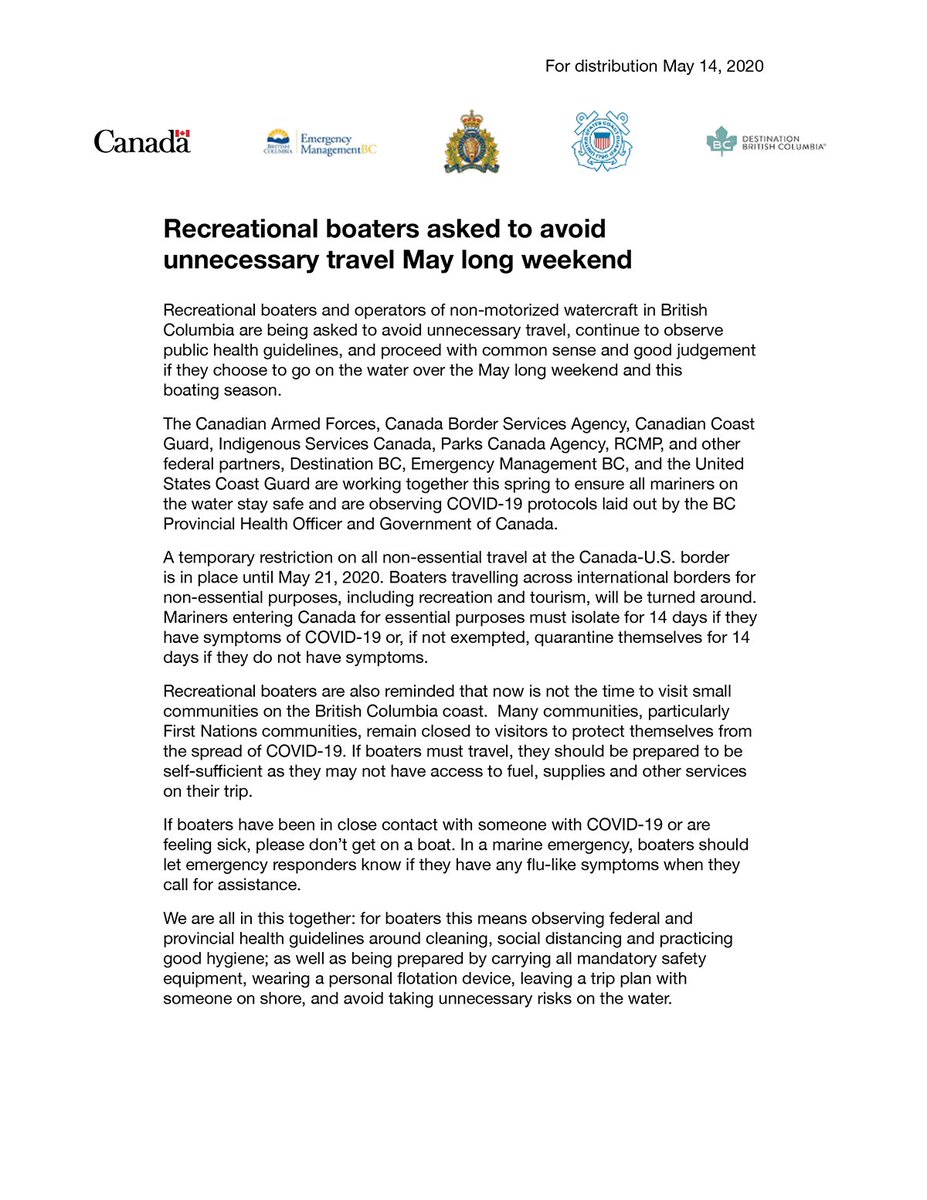 Joint Statement – During this long weekend, recreational boaters are asked to avoid unnecessary travel.